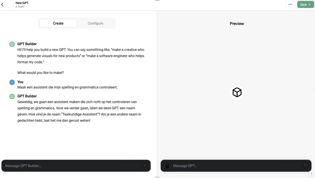 Screenshot van hoe je een GPT bouwt in AI-tool ChatGPT.