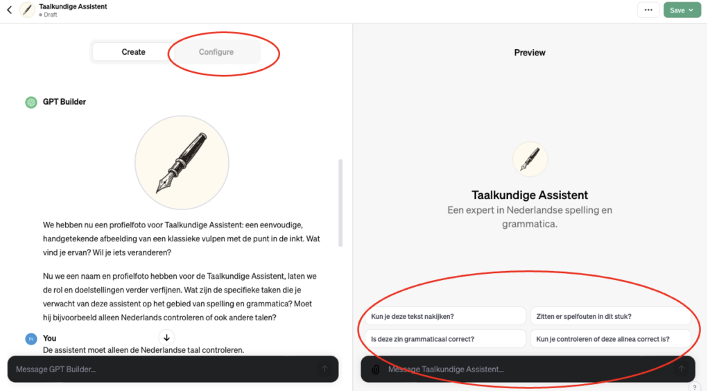 Screenshot van hoe een zelfgemaakte GPT werkt in ChatGPT.