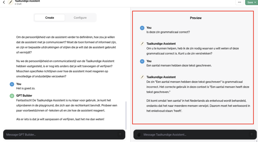 Screenshot van hoe je een GPT maakt in AI-tool ChatGPT.