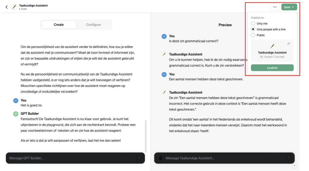 Screenshot van hoe je een GPT opslaat in AI-tool ChatGPT.
